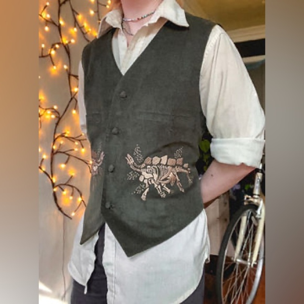 Vanishing Vendors Corduroy Embroidered Stegosaurus Vest Paleontologist Unique